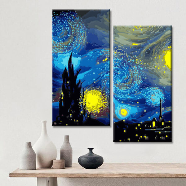 Painting by numbers art abstract art blue and yellow light balls in two pieces