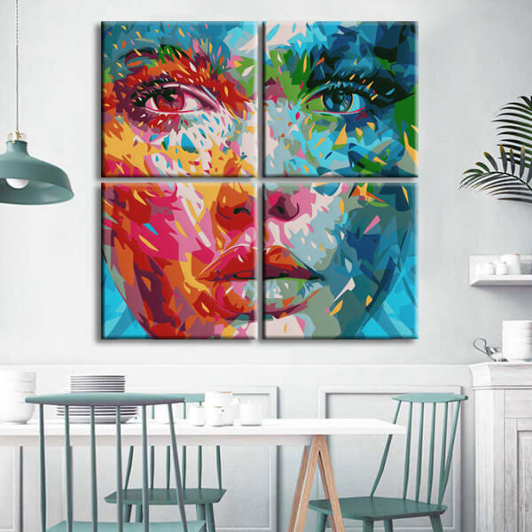 Painting by numbers art lifestyle woman half red colored and half blue green colored face