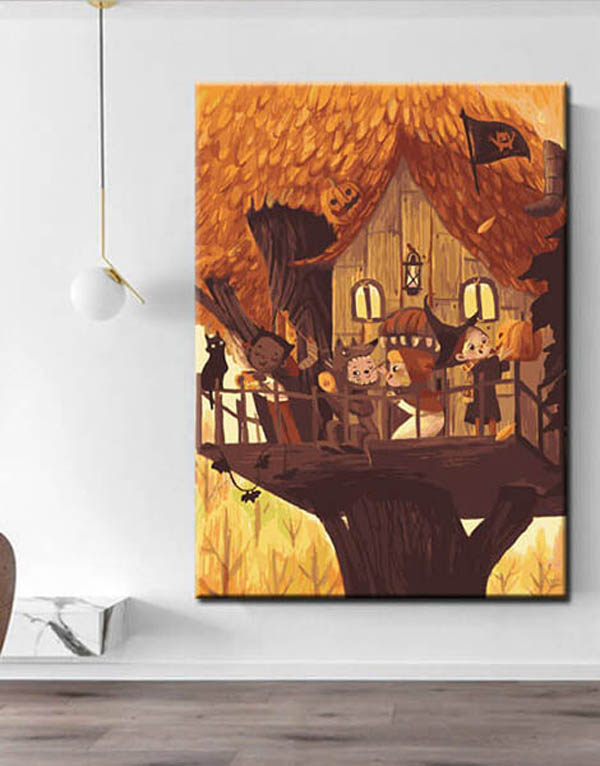 Malen nach Zahlen Kunst Illustration Halloween-Baumhaus mit Kindern