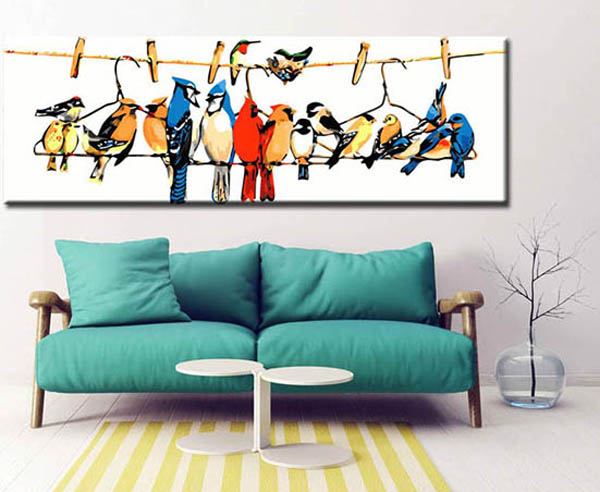 Painting by numbers art animal lots of colorful birds sit on hangers on a leash