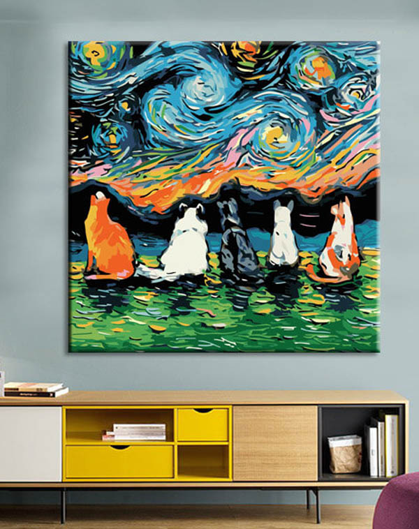 Painting by numbers Five cats under colorful sky