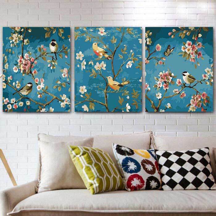 Paint by numbers spring blossoms tree with birds triptych MNZ-151-en