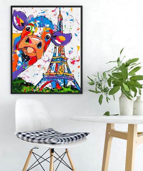 Painting by numbers Cow in Paris rainbow colorful