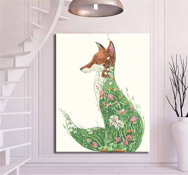 Painting by Numbers Colorful fox in green flower dress