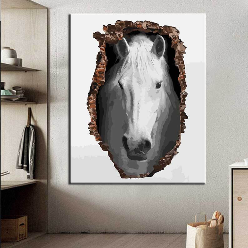 Malen nach Zahlen Fotokunst weißes Pferd in der Wand