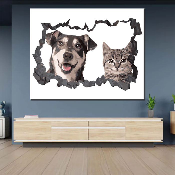 Painting by numbers art 3d dog and cat peeping out of the wall