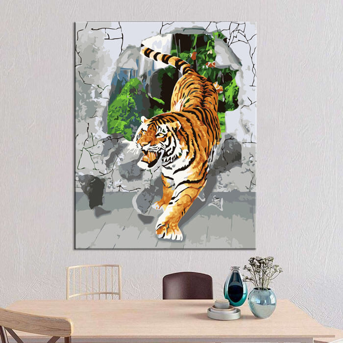 Malen nach Zahlen Kunst 3d Tiger kommt aus der Wand