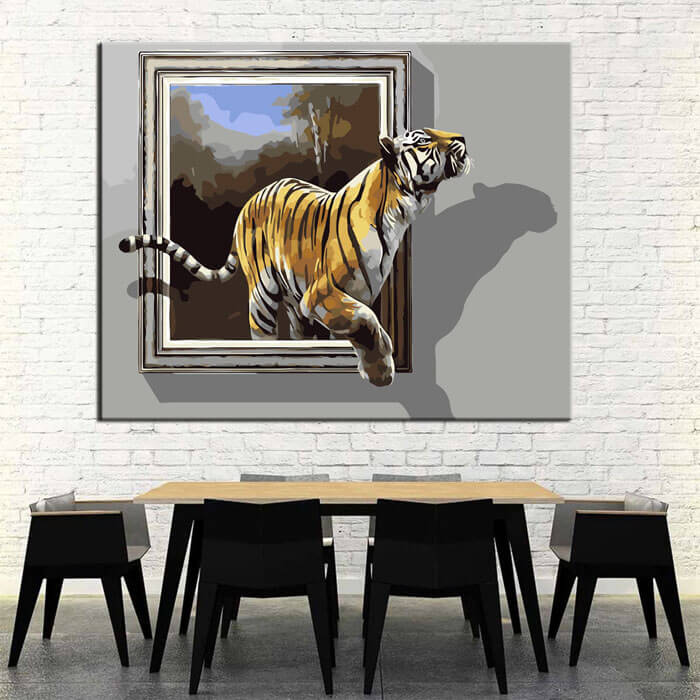 Painting by numbers art 3d tiger gets out of the picture with a paw