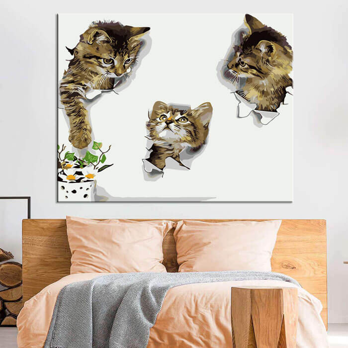 Malen nach Zahlen Kunst 3d drei Katzen in der Wand und gucken sich an
