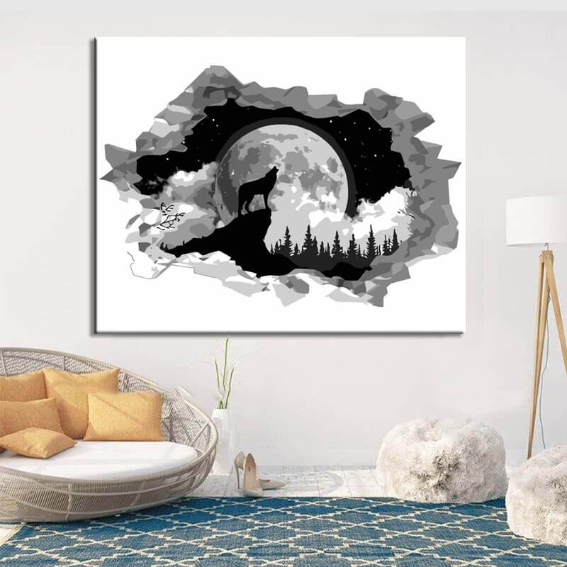 Painting by numbers art 3d wolf standing on the mountain and howling in the front of the full moon