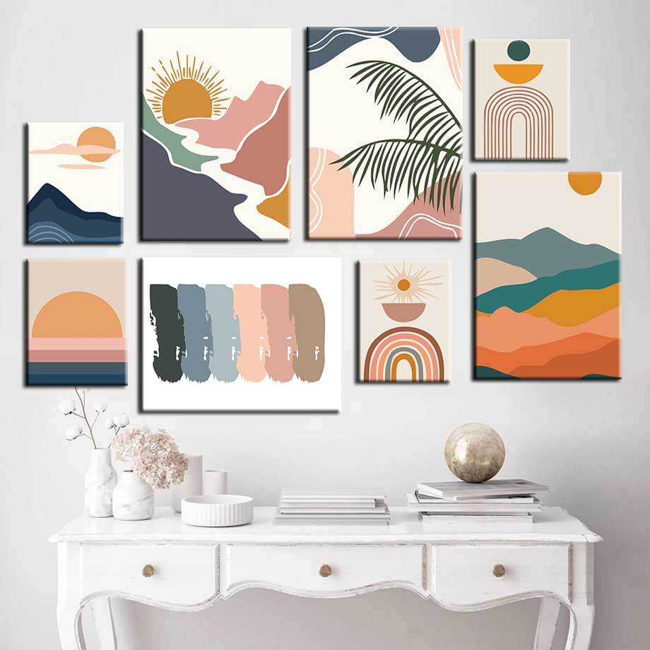 Painting by numbers art minimalism Colored sun with clouds over the mountains