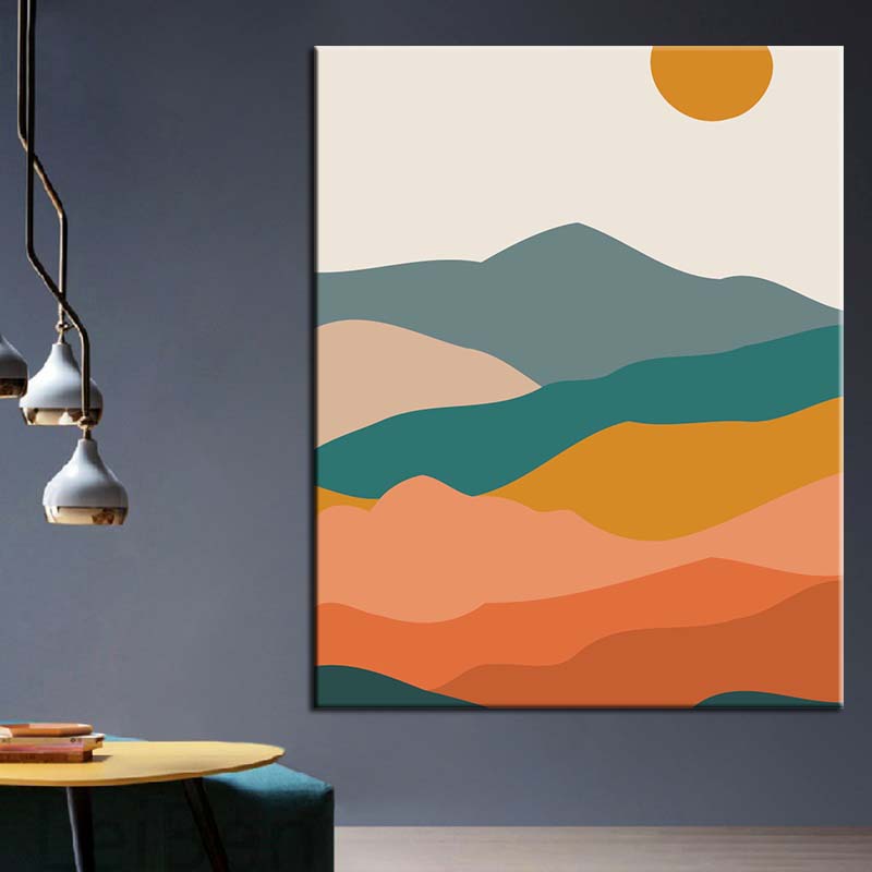 Painting by numbers art minimalism Sun over colored mountains