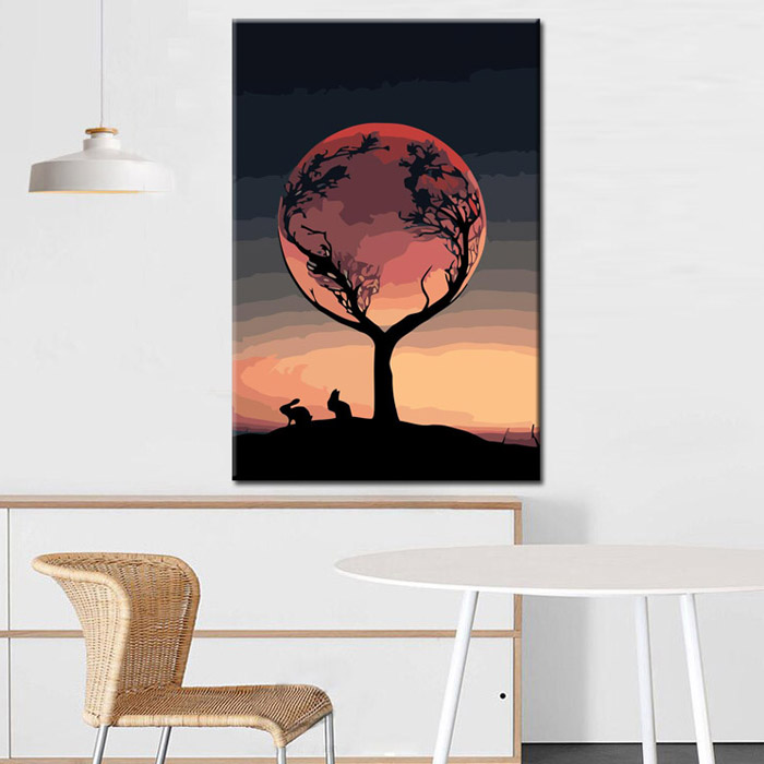 Malen nach Zahlen Fotokunst roter Vollmond mit Baum im Nachthimmel