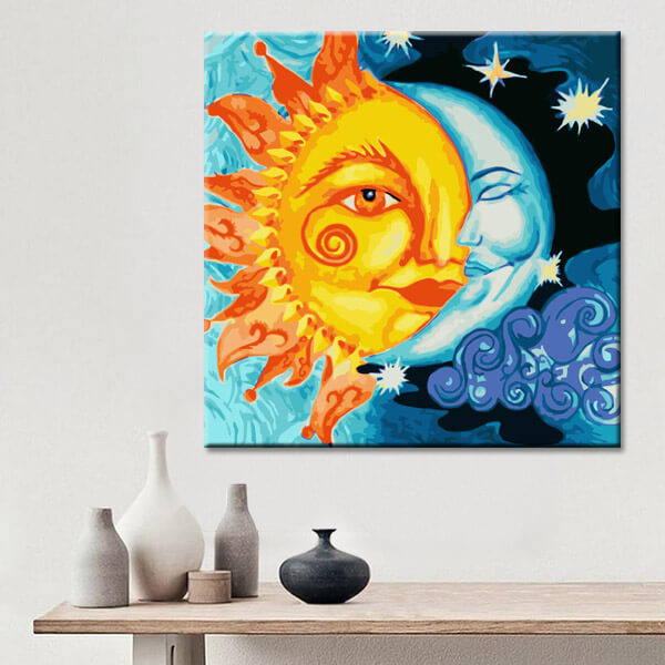 Painting by numbers art half sun and half moon in one face