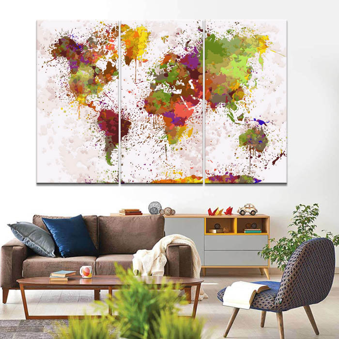 Painting by numbers abstract world map different size color blobs 3-piece