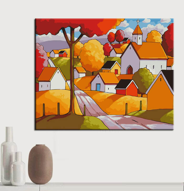 Painting by Numbers Art Illustration Colored Houses Water Reflection
