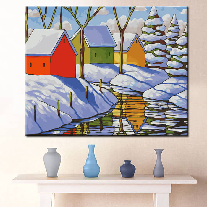 Painting by Numbers Art Illustration Winter Landscape Colorful Houses