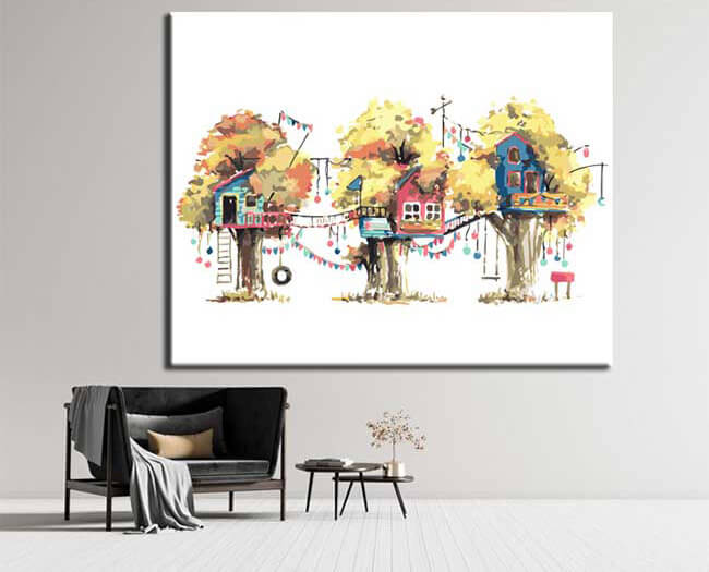 Malen nach Zahlen Kunst Illustration Drei Baumhäuser mit Schaukeln