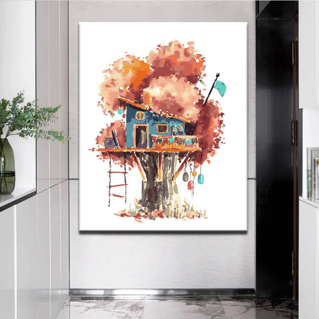 Painting by numbers Art Illustration Blue tree house in the red tree