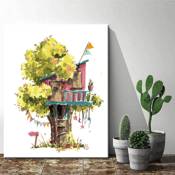 Painting by numbers Art Illustration red tree house in yellow-green tree