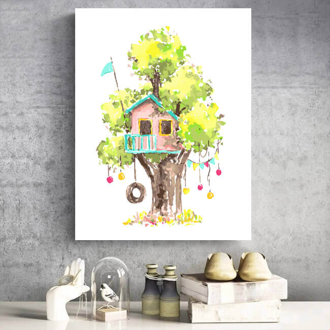 Malen nach Zahlen Kunst Illustration rosa Baumhaus mit blauem Geländer im gelben Baum