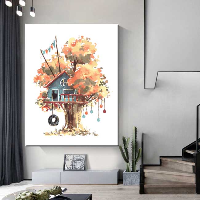 Malen nach Zahlen Kunst Illustration herbstfarbener Baum mit blauem Baumhaus