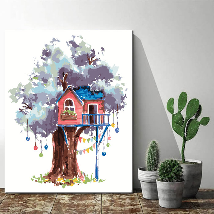 Malen nach Zahlen Kunst Illustration violetter Baum mit rotem Baumhaus