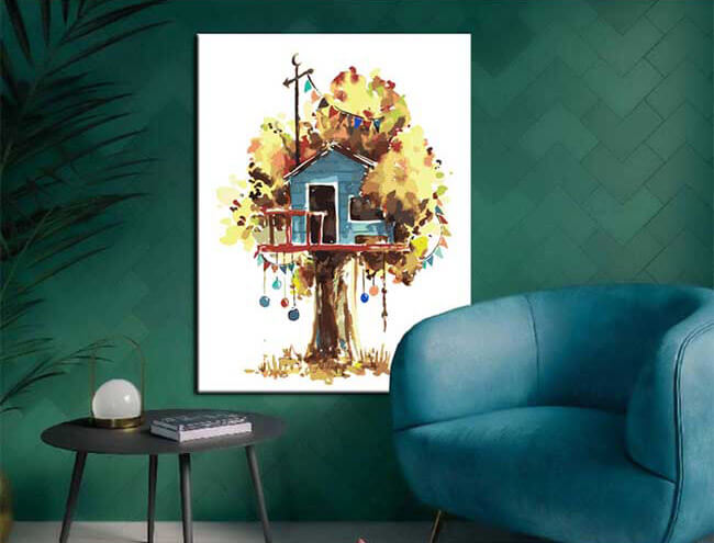 Malen nach Zahlen Kunst Illustration Blaues Baumhaus im gelben Baum