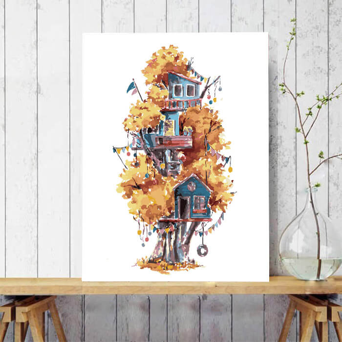 Malen nach Zahlen Kunst Illustration mehrere Baumhäuser im gelben Baum