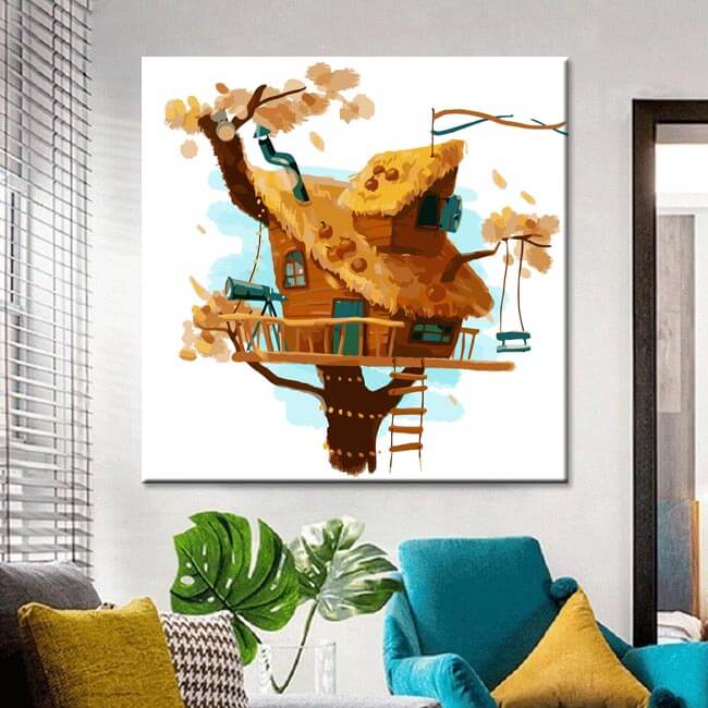 Painting by numbers Art Illustration large brown tree house with swing