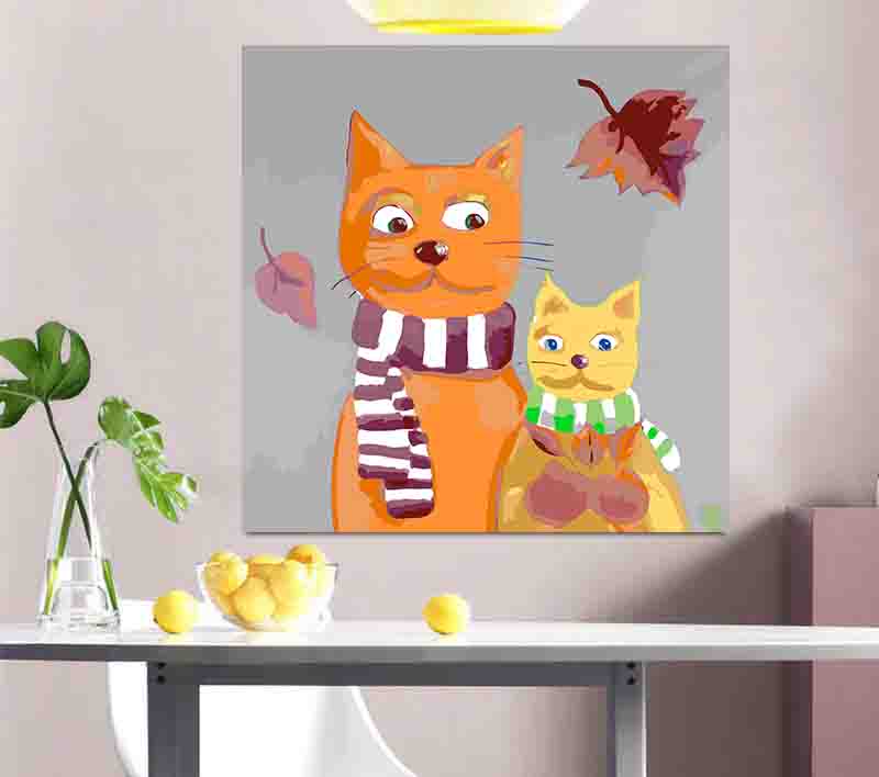 Malen nach Zahlen Kunst Illustration zwei Katzen mit Schal und Herbstblätter
