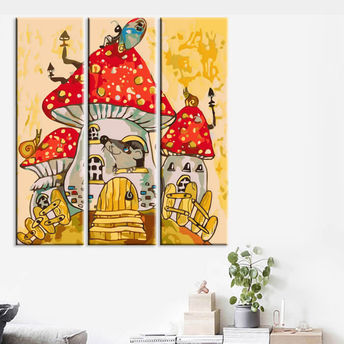 Painting by numbers Art Illustration Fly agaric house with mouse, butterfly and snail 3-piece