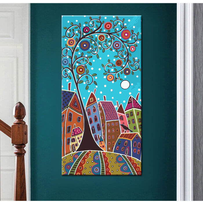 Painting by numbers art illustration. Colorful houses. Large colorful tree