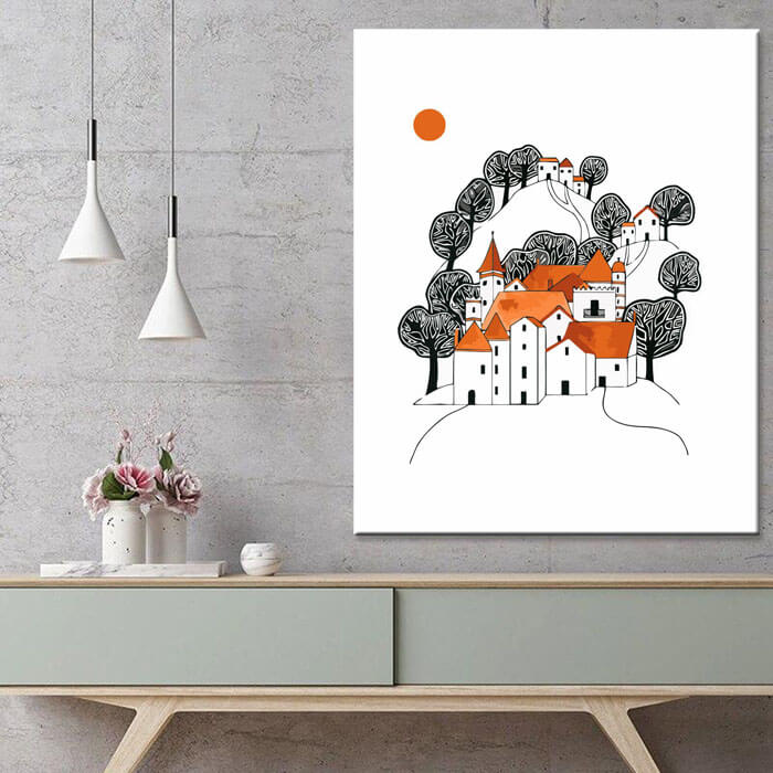 Painting by Numbers art illustration white houses with orange roof and black trees