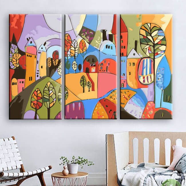 Painting by numbers Folkart illustration city countryside 3-piece