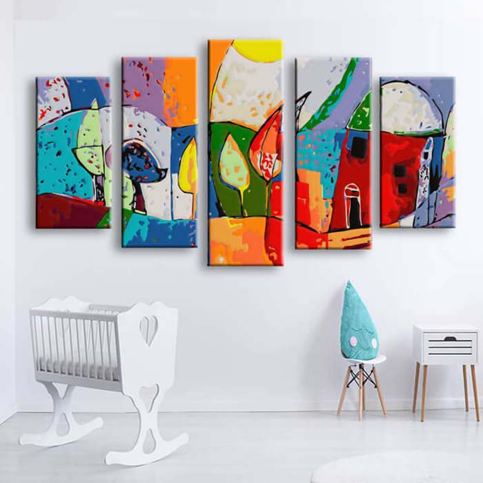 Painting by numbers art illustration colored landscape with house 5 pieces