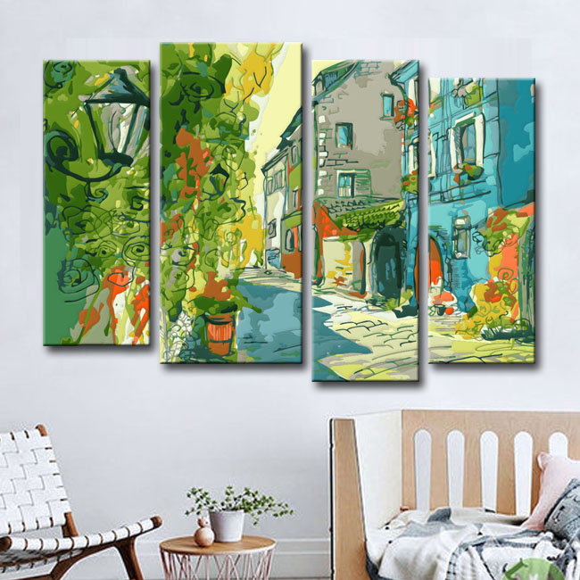 Painting by numbers art illustration old town street 4-piece