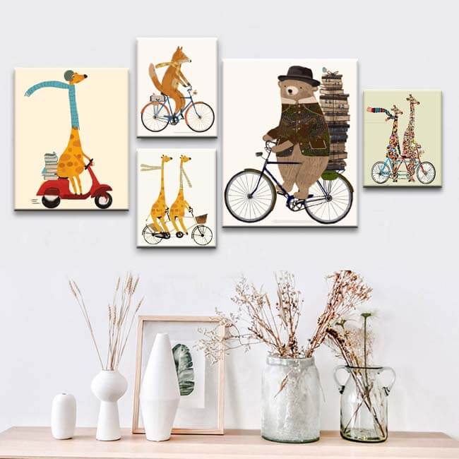 Painting by numbers animals giraffe on scooter 5 panels Painting by numbers animals fox on bicycle 5 panels Painting by numbers animals two giraffes on the tandem 5 panels Painting by numbers animals bear on bicycle 5 panels Painting by numbers animals two giraffes on bicycle