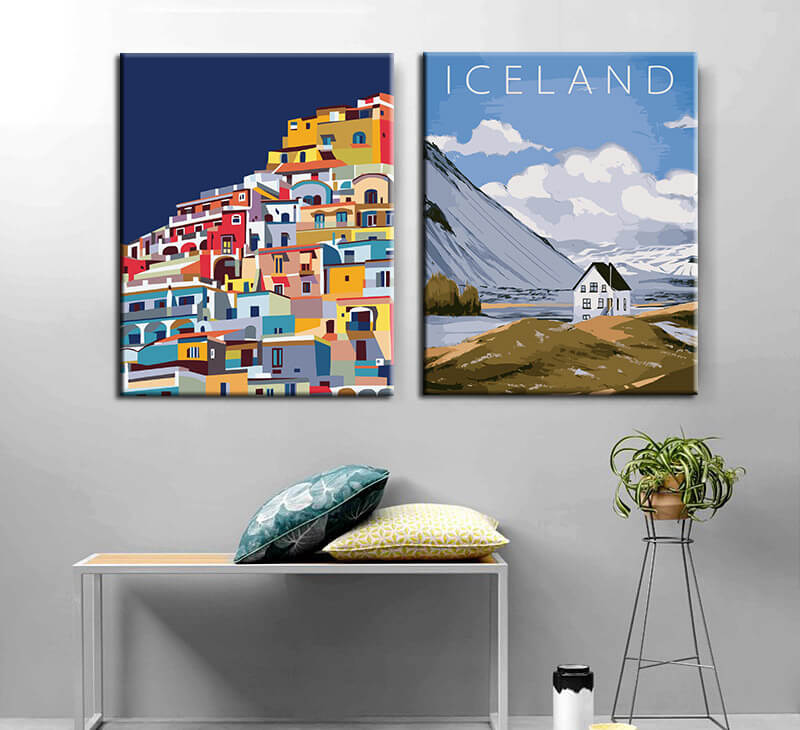 Painting by numbers art Colored city on the Mediterranean Sea 2 panels Painting by numbers art Iceland landscape