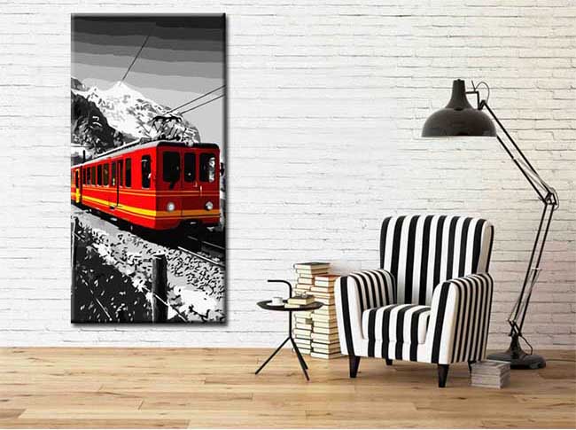 Painting by numbers art landscape red train