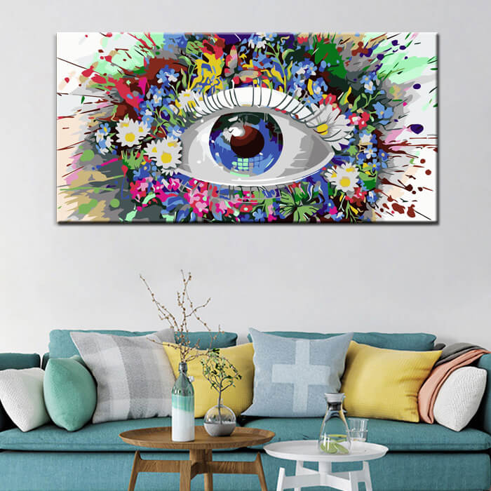 Painting by numbers art eye with lots of colorful flowers