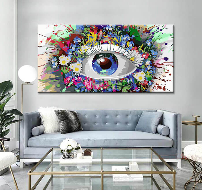 Painting by numbers art eye with lots of colorful flowers