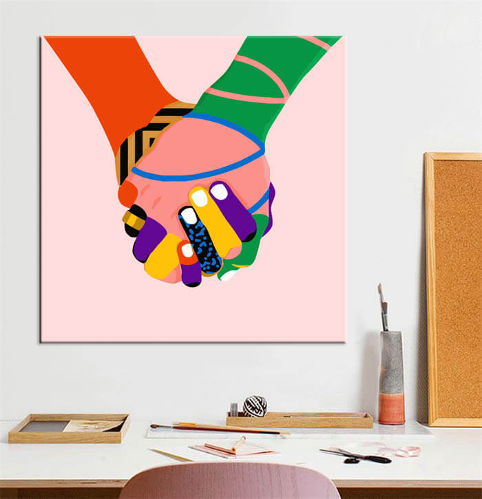 Painting by numbers art Two colorful hands are holding each other