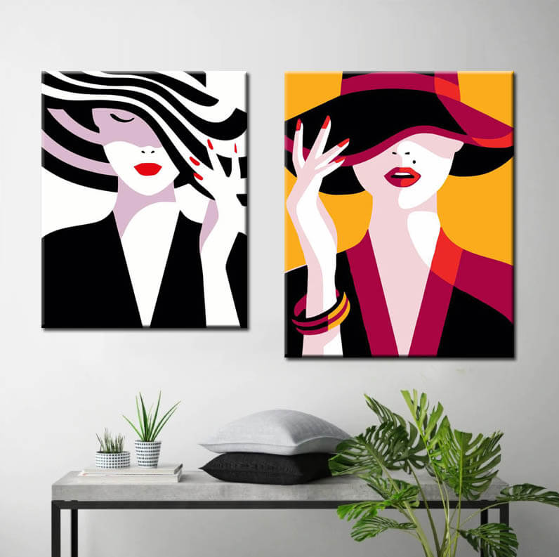 Painting by numbers art elegant woman holding her zebra hat 2 panels