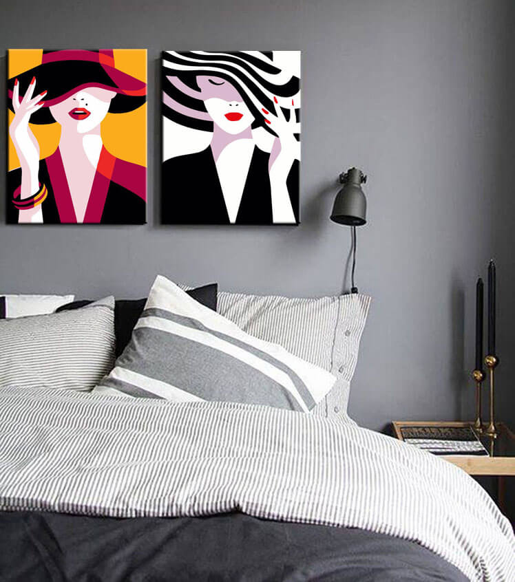 Paint by number art woman with pink black hat