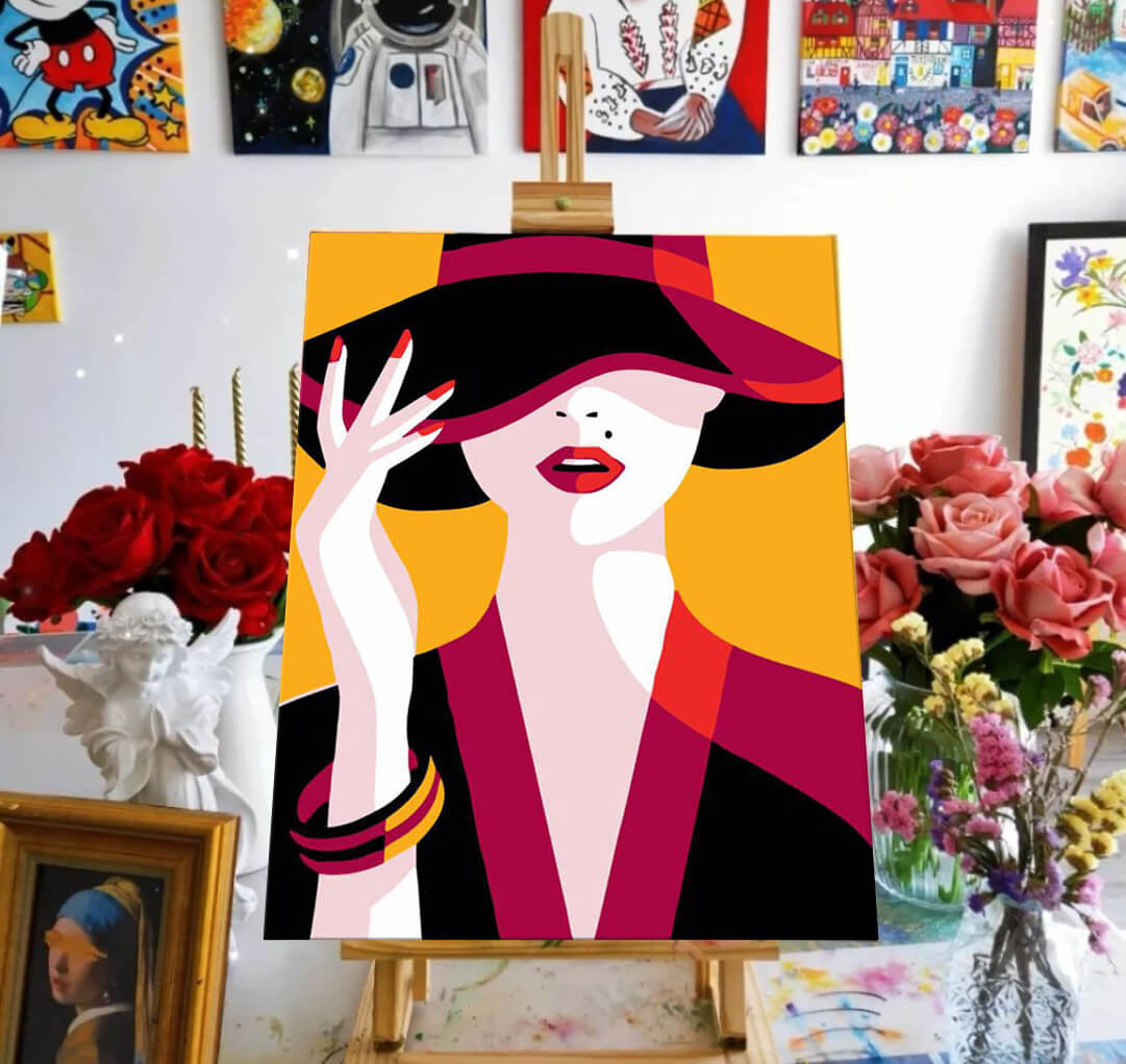 Paint by number art woman with pink black hat
