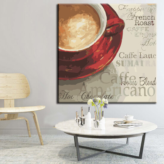 Malen nach Zahlen Kunst Lifestyle Rote Kaffeetasse auf Unterlage mit verschiedenen Begriffen