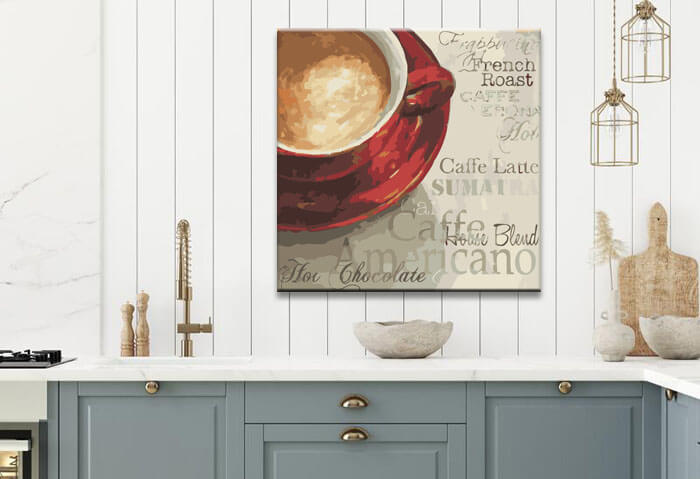 Painting by numbers art lifestyle Red coffee cup on pad with different terms