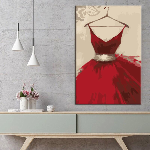 Painting by numbers art lifestyle red ball gown on hanger
