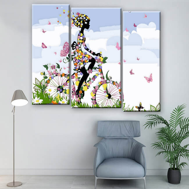Painting by numbers Lifestyle Art Woman on bicycle 3-piece